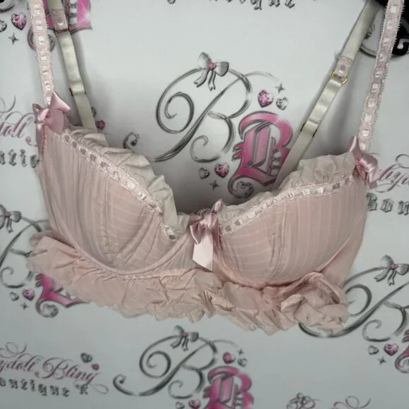 La senza bra love ruffle frilly bows ribbon 🎀pink white striped tiered babydoll - Picture 9 of 14